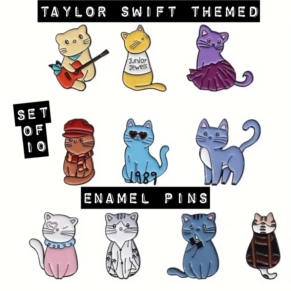 Taylor Swift Themed Enamel Pin Set of 10 Eras as Cats Debut, Fearless, etc NEW